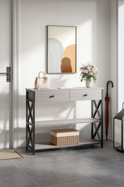 Rackhams 3 Tier Industrial Style Narrow Wooden Console Table with Drawers and Shelves - Grey - image 1