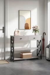 Rackhams 3 Tier Industrial Style Narrow Wooden Console Table with Drawers and Shelves - Grey