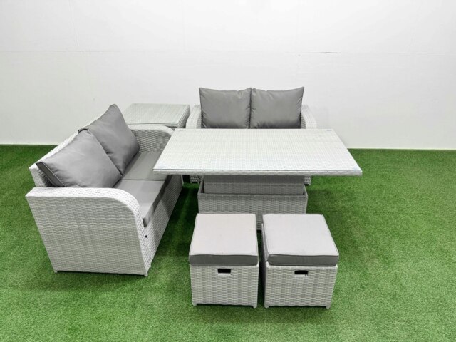 Rackhams 6 Seater Outdoor Love Sofa Set Rattan Garden Furniture Set with Adjustable Lifting Dining or Coffee Table 2 Small Stools Side Table Light Grey - image 1
