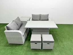 Rackhams 6 Seater Outdoor Love Sofa Set Rattan Garden Furniture Set with Adjustable Lifting Dining or Coffee Table 2 Small Stools Side Table Light Grey - thumbnail 1