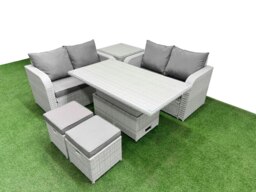 Rackhams 6 Seater Outdoor Love Sofa Set Rattan Garden Furniture Set with Adjustable Lifting Dining or Coffee Table 2 Small Stools Side Table Light Grey - thumbnail 2