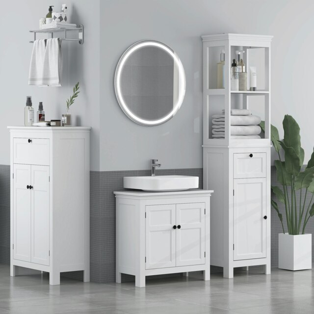 Rackhams Slim Bathroom Storage Cabinet with Open Shelves and Drawer, White - White - image 1