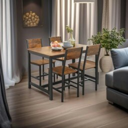 Rackhams Set of 4 Industrial Dining Chairs with Steel Frame and Rustic Brown Particleboard Seats - thumbnail 3