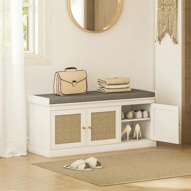 Rackhams Shoe Storage Bench with 3 Rattan Doors, Padded Cushion, Entryway Shoe Bench - White - MDF, Polyester - 1 - image 1