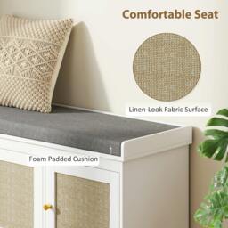 Rackhams Shoe Storage Bench with 3 Rattan Doors, Padded Cushion, Entryway Shoe Bench - White - MDF, Polyester - 1 - thumbnail 6