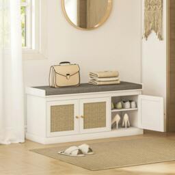Rackhams Shoe Storage Bench with 3 Rattan Doors, Padded Cushion, Entryway Shoe Bench - White - MDF, Polyester - 1 - thumbnail 2