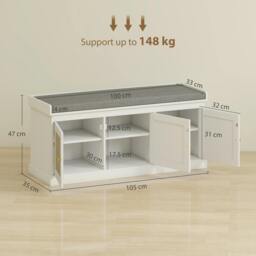 Rackhams Shoe Storage Bench with 3 Rattan Doors, Padded Cushion, Entryway Shoe Bench - White - MDF, Polyester - 1 - thumbnail 4