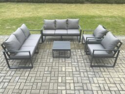 Rackhams Aluminium Outdoor Lounge Sofa Set Garden Furniture Sets with Square Coffee Table 2 Chairs Dark Grey 8 Seater - thumbnail 1