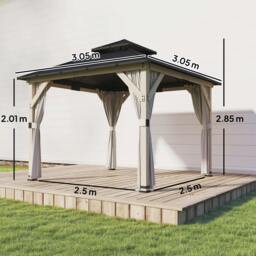 Rackhams 3 x 3 m Hardtop Gazebo, Double Roof Garden Gazebo - 305 x 305 x 285 cm - Hardtop Gazebo - Light Grey - thumbnail 3