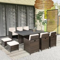 Rackhams 11PC Garden Rattan Dining Set Cushion Patio Table Chair Conservatory - Brown - Aluminium, polyester, PE rattan - 175cmx116cmx74cm - thumbnail 1
