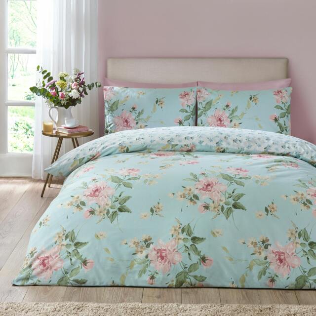 Rackhams Avebury Floral Reversible Duvet Cover Set Duck Egg Blue - Double - Duck Egg Blue - image 1