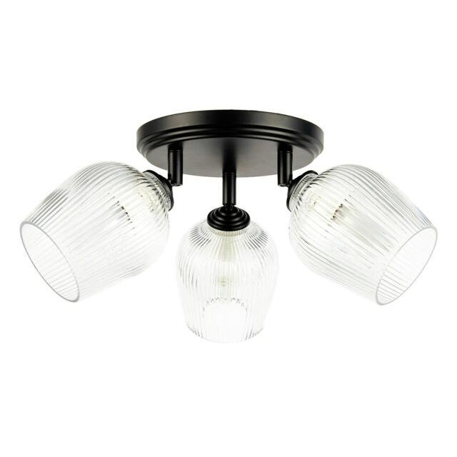 Rackhams Matte Black Triple Spot Ceiling Light with Clear Ribbed Glass Shades - image 1