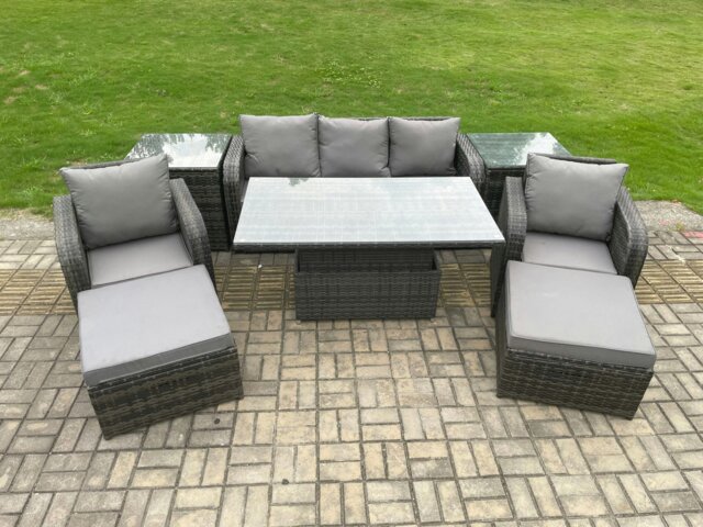 Rackhams Outdoor Rattan Furniture Sofa Garden Dining Sets Height Adjustable Rising lifting Table and Chair Set With 2 Side Tables 2 Big Footstools - image 1