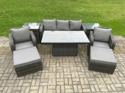 Rackhams Outdoor Rattan Furniture Sofa Garden Dining Sets Height Adjustable Rising lifting Table and Chair Set With 2 Side Tables 2 Big Footstools - thumbnail 2