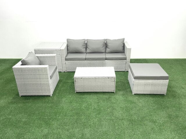 Rackhams 5 Pieces Rattan Garden Furniture Set Outdoor Garden Sofa Chair Coffee Table Set with Side Table Big Footstool Light Grey Mixed - image 1