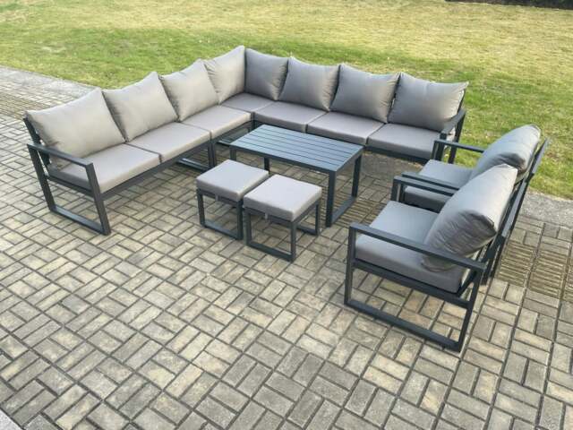 Rackhams Aluminium Outdoor Garden Furniture Set Lounge Corner Sofa 2 Pcs Chair Oblong Coffee Table Sets with 2 Small Footstools Dark Grey