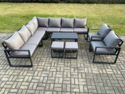 Rackhams Aluminium Outdoor Garden Furniture Set Lounge Corner Sofa 2 Pcs Chair Oblong Coffee Table Sets with 2 Small Footstools Dark Grey - thumbnail 2