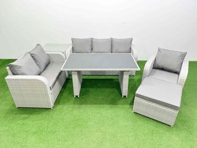 Rackhams Rattan Outdoor Table Reclining Chair Sofa Set with Side Table Big Stool Light Grey 7 Seater - image 1