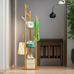 Rackhams Wooden Coat Stand With 9 Hooks & 2 Shelves - thumbnail 3