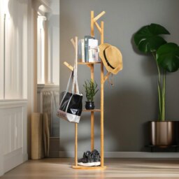 Rackhams Wooden Coat Stand With 9 Hooks & 2 Shelves - thumbnail 5