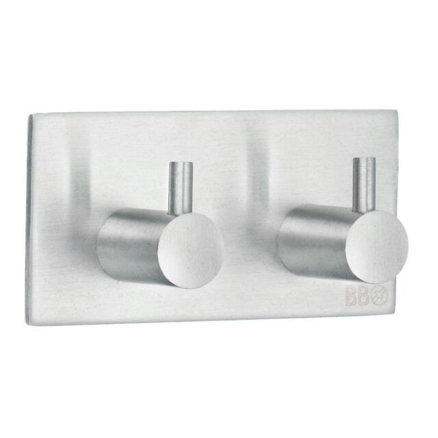 Rackhams Brushed Stainless Steel Double Towel Hook (90 x 45mm) Self Adhesive Bathroom Wall Mounted