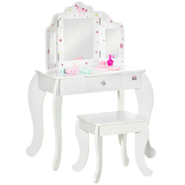 Rackhams Kids Vanity Table and Chair Set with Tri-Folding Mirror and Stool, Makeup Dressing Table with Drawer, White - image 1