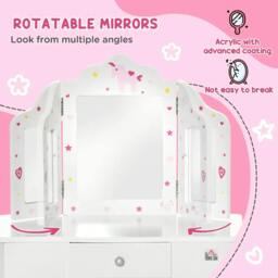 Rackhams Kids Vanity Table and Chair Set with Tri-Folding Mirror and Stool, Makeup Dressing Table with Drawer, White - thumbnail 6