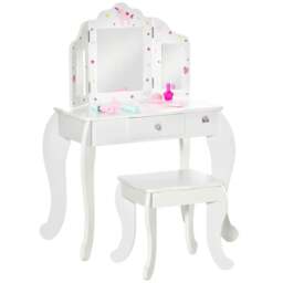 Rackhams Kids Vanity Table and Chair Set with Tri-Folding Mirror and Stool, Makeup Dressing Table with Drawer, White - thumbnail 1