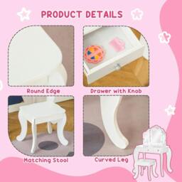 Rackhams Kids Vanity Table and Chair Set with Tri-Folding Mirror and Stool, Makeup Dressing Table with Drawer, White - thumbnail 5