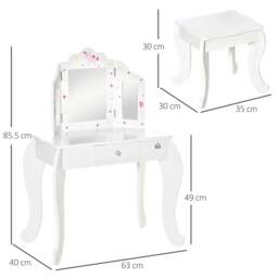Rackhams Kids Vanity Table and Chair Set with Tri-Folding Mirror and Stool, Makeup Dressing Table with Drawer, White - thumbnail 3