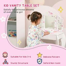 Rackhams Kids Vanity Table and Chair Set with Tri-Folding Mirror and Stool, Makeup Dressing Table with Drawer, White - thumbnail 4