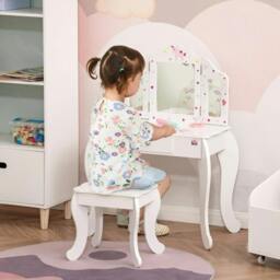 Rackhams Kids Vanity Table and Chair Set with Tri-Folding Mirror and Stool, Makeup Dressing Table with Drawer, White - thumbnail 2