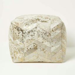 Rackhams Gold & Grey Geometric Diamond Leather Pouffe Bean Cube - Gold - thumbnail 1