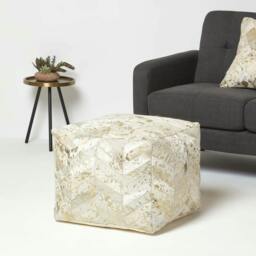 Rackhams Gold & Grey Geometric Diamond Leather Pouffe Bean Cube - Gold - thumbnail 2