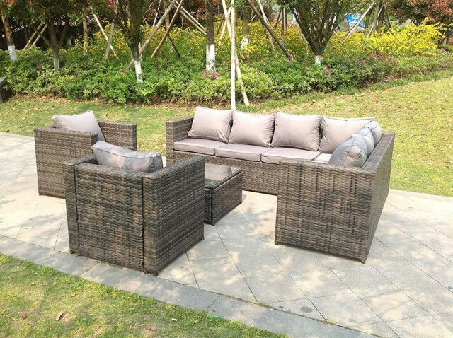 Rackhams 8 Seater Grey Rattan Corner Sofa Set Coffee Table 2 Armchairs Garden Furniture Outdoor - image 1