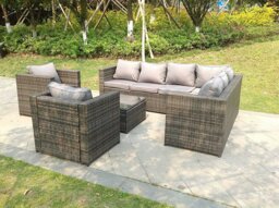 Rackhams 8 Seater Grey Rattan Corner Sofa Set Coffee Table 2 Armchairs Garden Furniture Outdoor - thumbnail 2