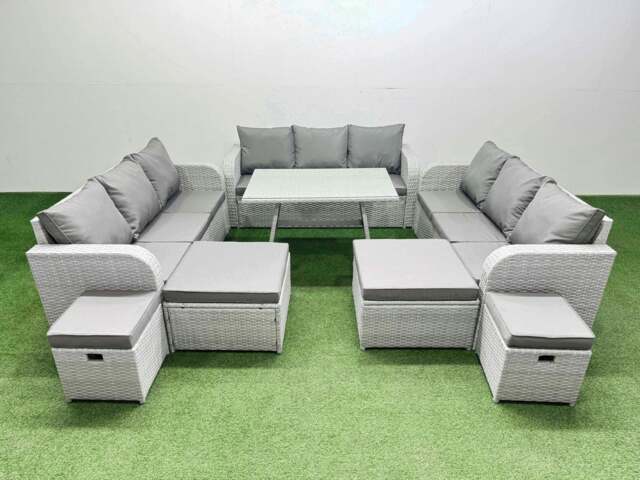 Rackhams Patio Garden Furniture Sets with Dining Table 3 Seater Sofa 4 Stool Light Grey - image 1