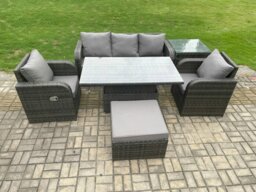 Rackhams Wicker PE Rattan Outdoor Garden Furniture Set Height Adjustable Rising lifting Dining Table With Armchair Side Table Footstool - thumbnail 1