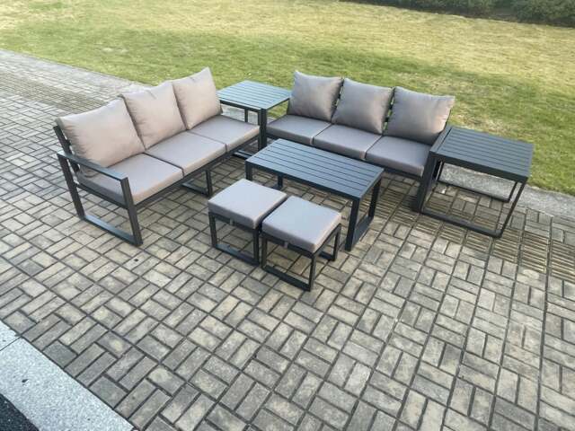 Rackhams Aluminium Patio Outdoor Garden Furniture Lounge Sofa Set with Oblong Coffee Table 2 Small Footstools 2 Side Tables Dark Grey - image 1
