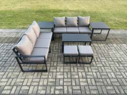 Rackhams Aluminium Patio Outdoor Garden Furniture Lounge Sofa Set with Oblong Coffee Table 2 Small Footstools 2 Side Tables Dark Grey - thumbnail 2