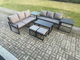 Rackhams Aluminium Patio Outdoor Garden Furniture Lounge Sofa Set with Oblong Coffee Table 2 Small Footstools 2 Side Tables Dark Grey - thumbnail 1