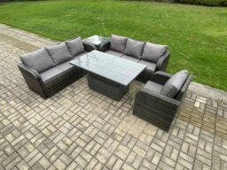 Rackhams Outdoor Rattan Garden Furniture Sets Height Adjustable Rising lifting Dining Table Sofa Set with Reclining Chair Side Table Dark Grey Mixed - thumbnail 1