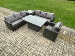 Rackhams Outdoor Rattan Garden Furniture Sets Height Adjustable Rising lifting Dining Table Sofa Set with Reclining Chair Side Table Dark Grey Mixed - thumbnail 2