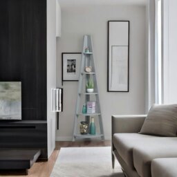 Rackhams 5 Tier Ladder Bookcase – Retro Wooden Corner Shelving Unit - Grey Scandinavian Style - thumbnail 2