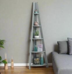 Rackhams 5 Tier Ladder Bookcase – Retro Wooden Corner Shelving Unit - Grey Scandinavian Style