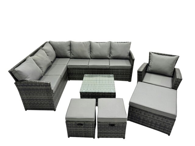 Rackhams 10 Seat Poly Rattan Outdoor Patio Coffee Table Corner Sofa Set with 3 Stool Chair for Garden Backyard Dark Grey Mixed - image 1