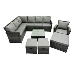 Rackhams 10 Seat Poly Rattan Outdoor Patio Coffee Table Corner Sofa Set with 3 Stool Chair for Garden Backyard Dark Grey Mixed - thumbnail 1