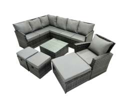Rackhams 10 Seat Poly Rattan Outdoor Patio Coffee Table Corner Sofa Set with 3 Stool Chair for Garden Backyard Dark Grey Mixed - thumbnail 2