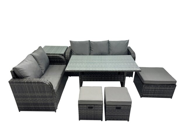 Rackhams 8 Seat Outdoor Wicker PE Rattan Garden Furniture Set Dining Table Sofa Sets with 3 Stools Side Table Dark Grey Mixed - image 1