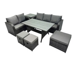 Rackhams 8 Seat Outdoor Wicker PE Rattan Garden Furniture Set Dining Table Sofa Sets with 3 Stools Side Table Dark Grey Mixed - thumbnail 2